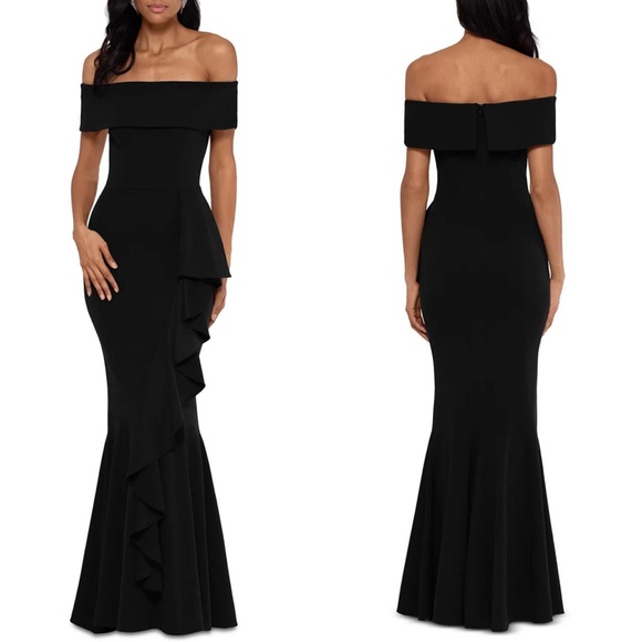 NEW Betsy & Adam BLACK Carina OFF THE SHOULDER Crepe RUFFLE Mermaid GOWN - Picture 1 of 13
